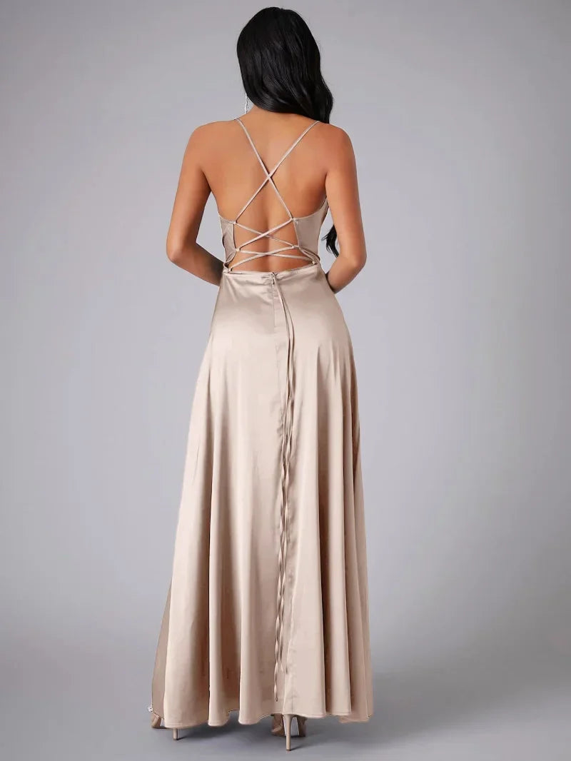ALVAREE Damen Abendkleid – Satin mit Hohem Schlitz und Offenem Rücken, Maxi-Länge 2