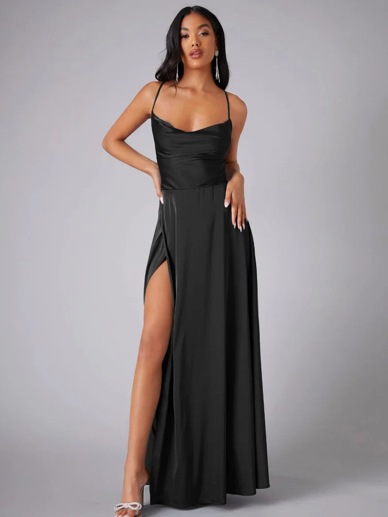 ALVAREE Damen Abendkleid – Satin mit Hohem Schlitz und Offenem Rücken, Maxi-Länge 3