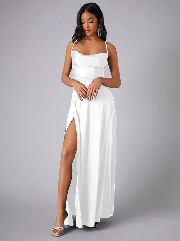 ALVAREE Damen Abendkleid – Satin mit Hohem Schlitz und Offenem Rücken, Maxi-Länge 7