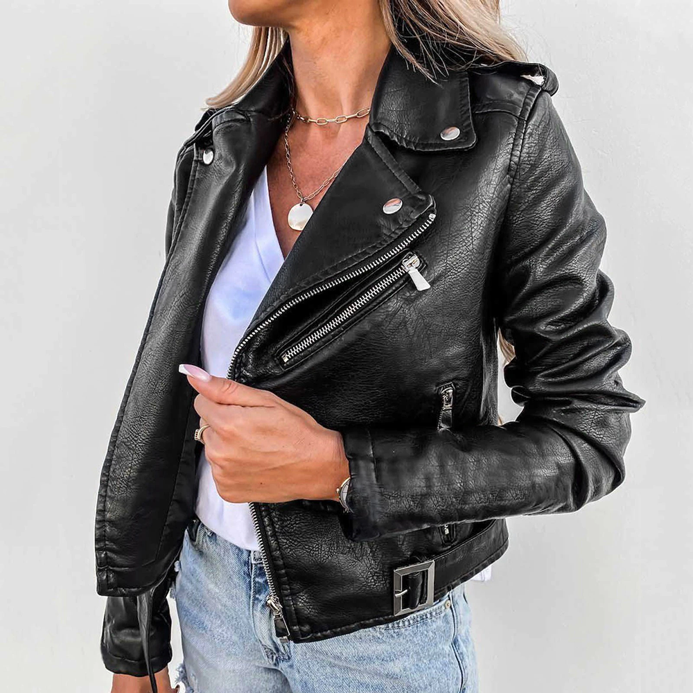 Damen Leren Herbstjacke – PU-Leder, Stilvoll mit Gürtel 2