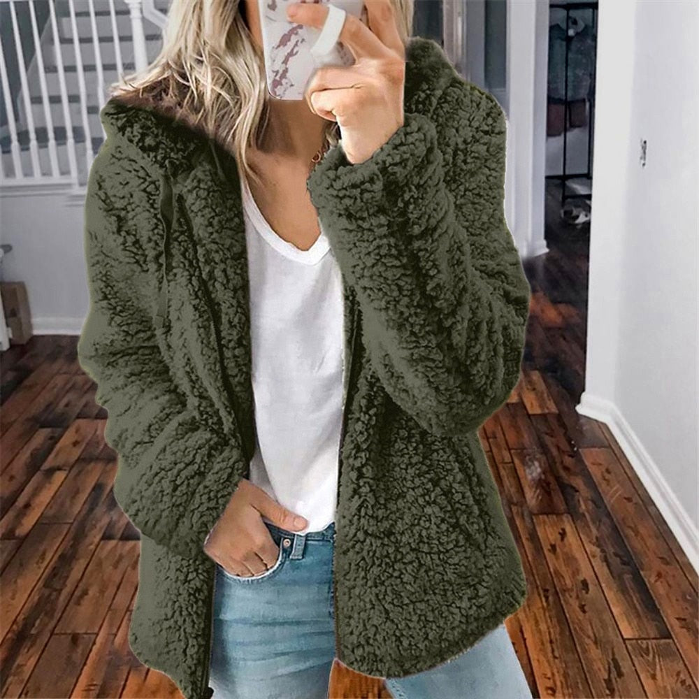 Damen Teddyjacke – Ultraweiches Plüschmaterial, Kapuze 4