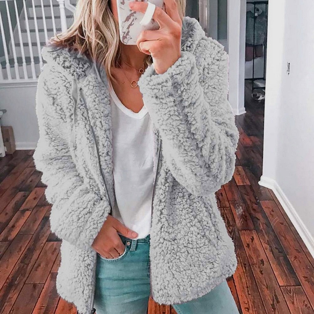 Damen Teddyjacke – Ultraweiches Plüschmaterial, Kapuze 8