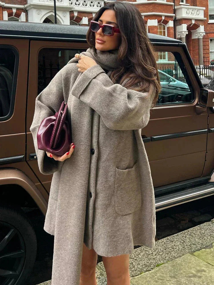 Elegante Oversized Wolle Jacke für Damen – Integrierter Schal, Zeitlos 2