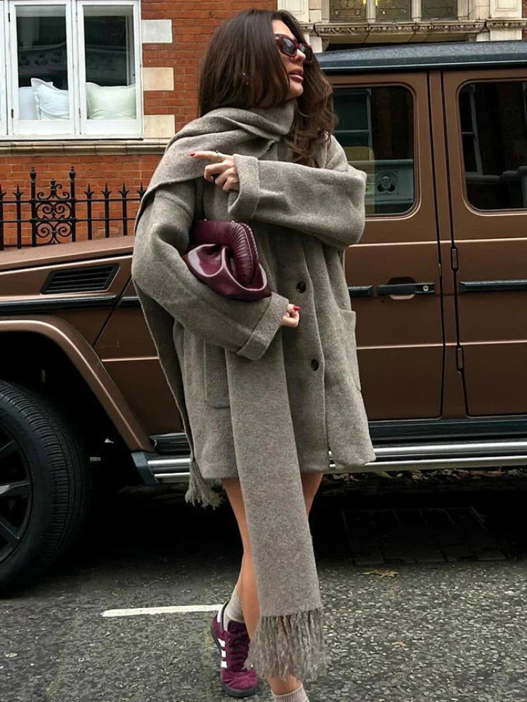 Elegante Oversized Wolle Jacke für Damen – Integrierter Schal, Zeitlos 4