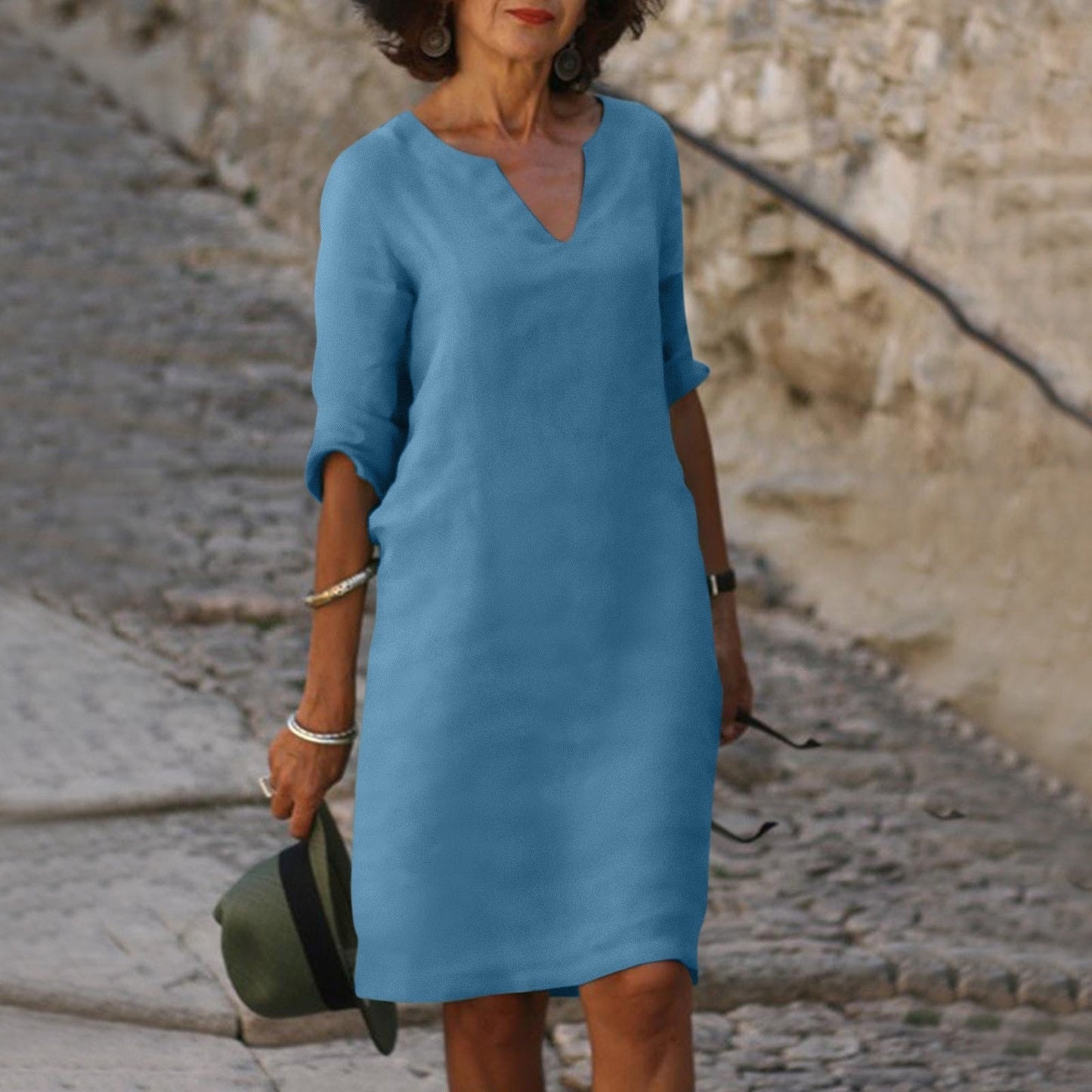 Elegantes Damenkleid – 100% Leinen, V-Ausschnitt, Midi-Länge 3