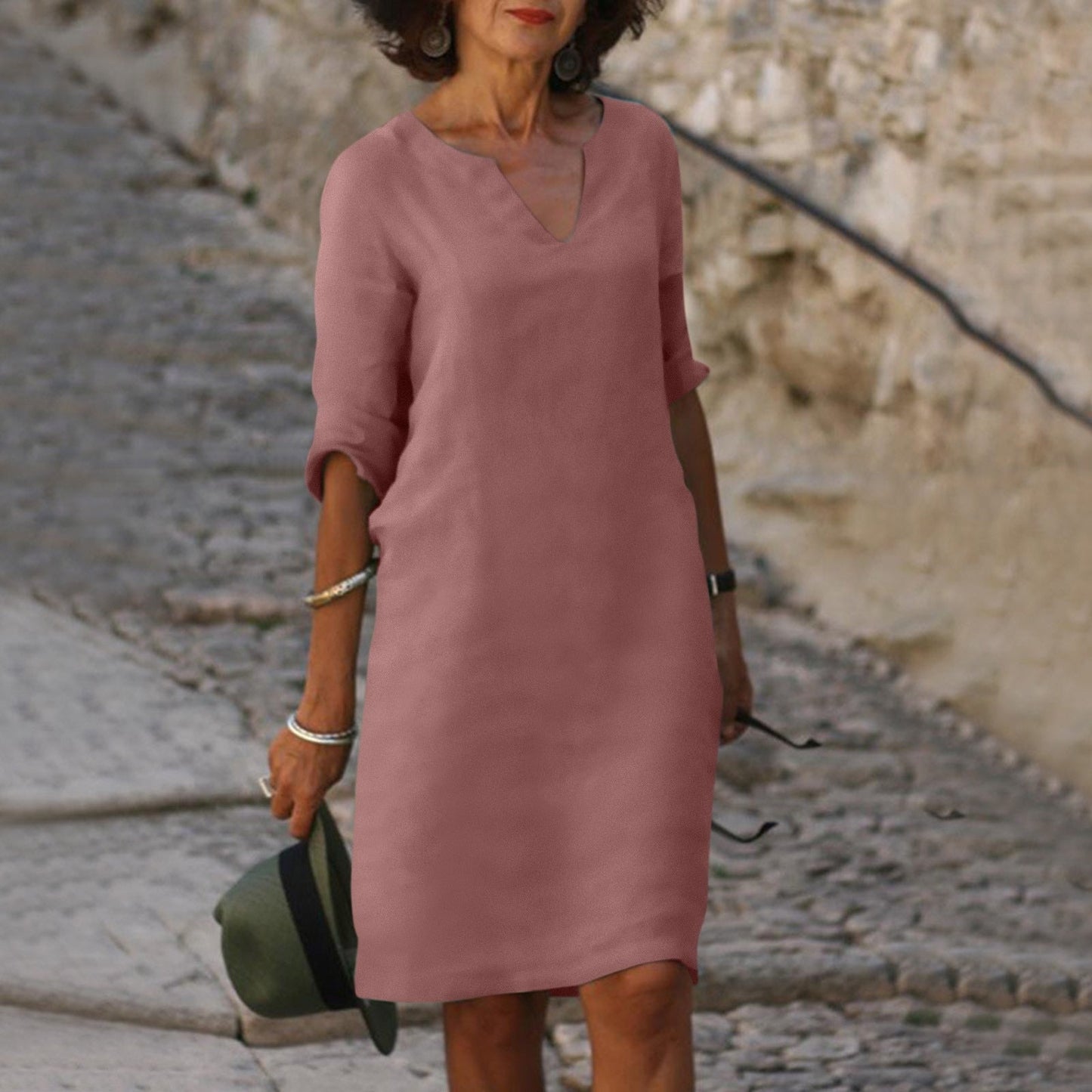 Elegantes Damenkleid – 100% Leinen, V-Ausschnitt, Midi-Länge 5