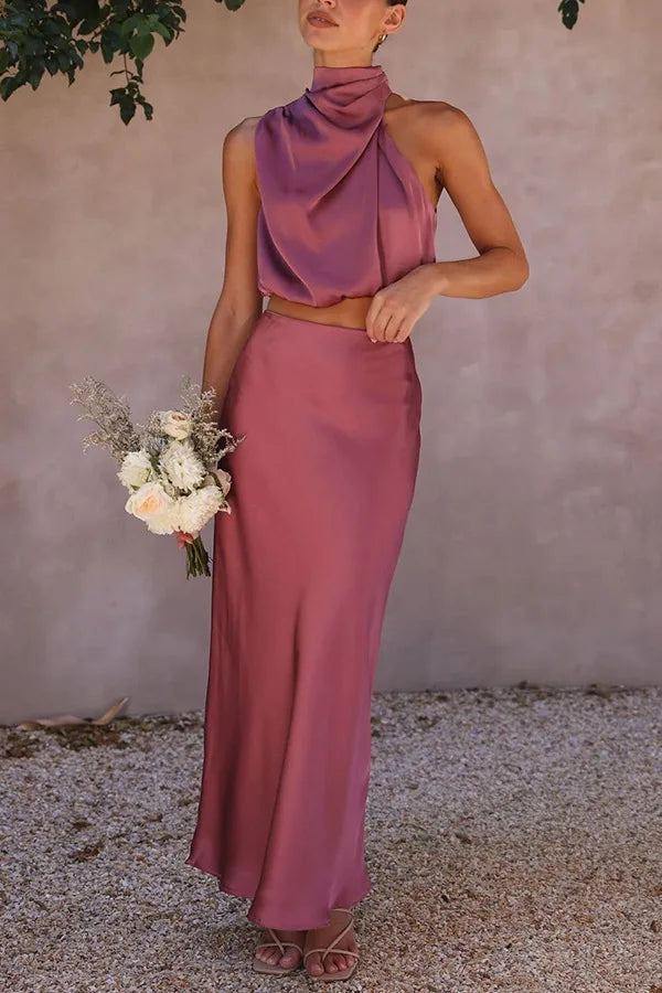 Elegantes Satin Co-Ord Set für Damen – Hochgeschlossenes Top und Maxi Rock für Silvester und Festliche Anlässe 2