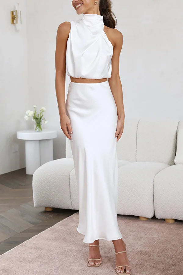 Elegantes Satin Co-Ord Set für Damen – Hochgeschlossenes Top und Maxi Rock für Silvester und Festliche Anlässe 5