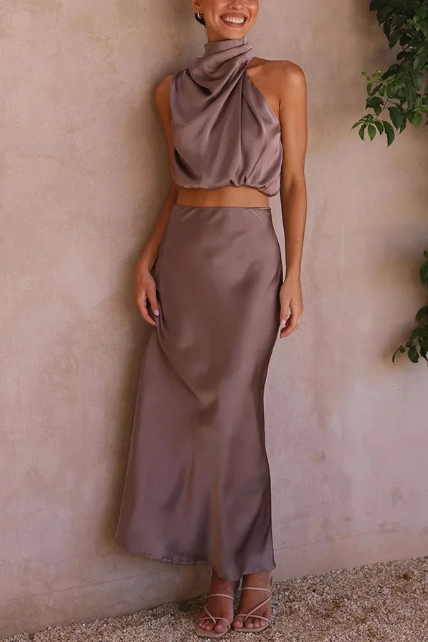 Elegantes Satin Co-Ord Set für Damen – Hochgeschlossenes Top und Maxi Rock für Silvester und Festliche Anlässe 6