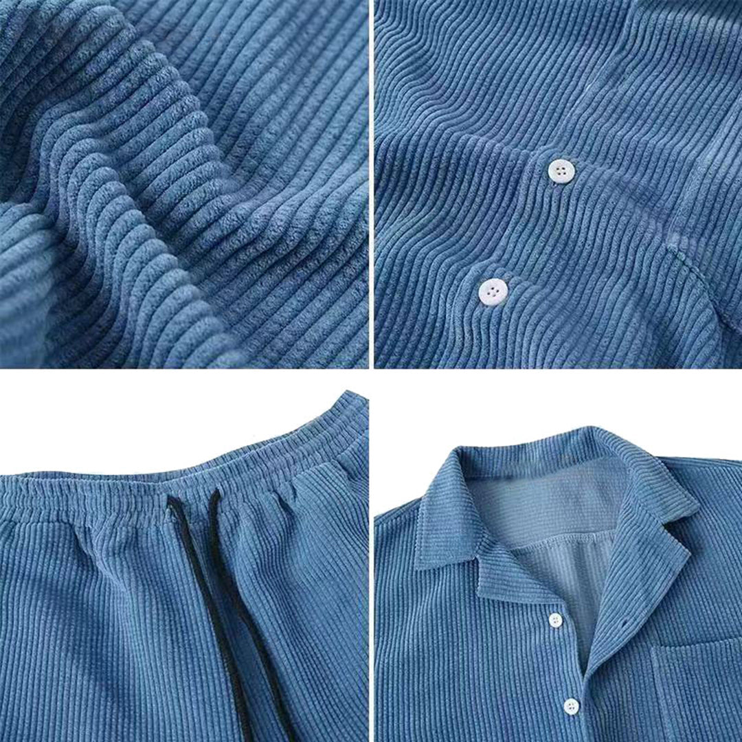 FERRAN | Herren Corduroy Set Für Den Sommer – Bequemes Männer Set Mit Kurzarmhemd Und Shorts 3