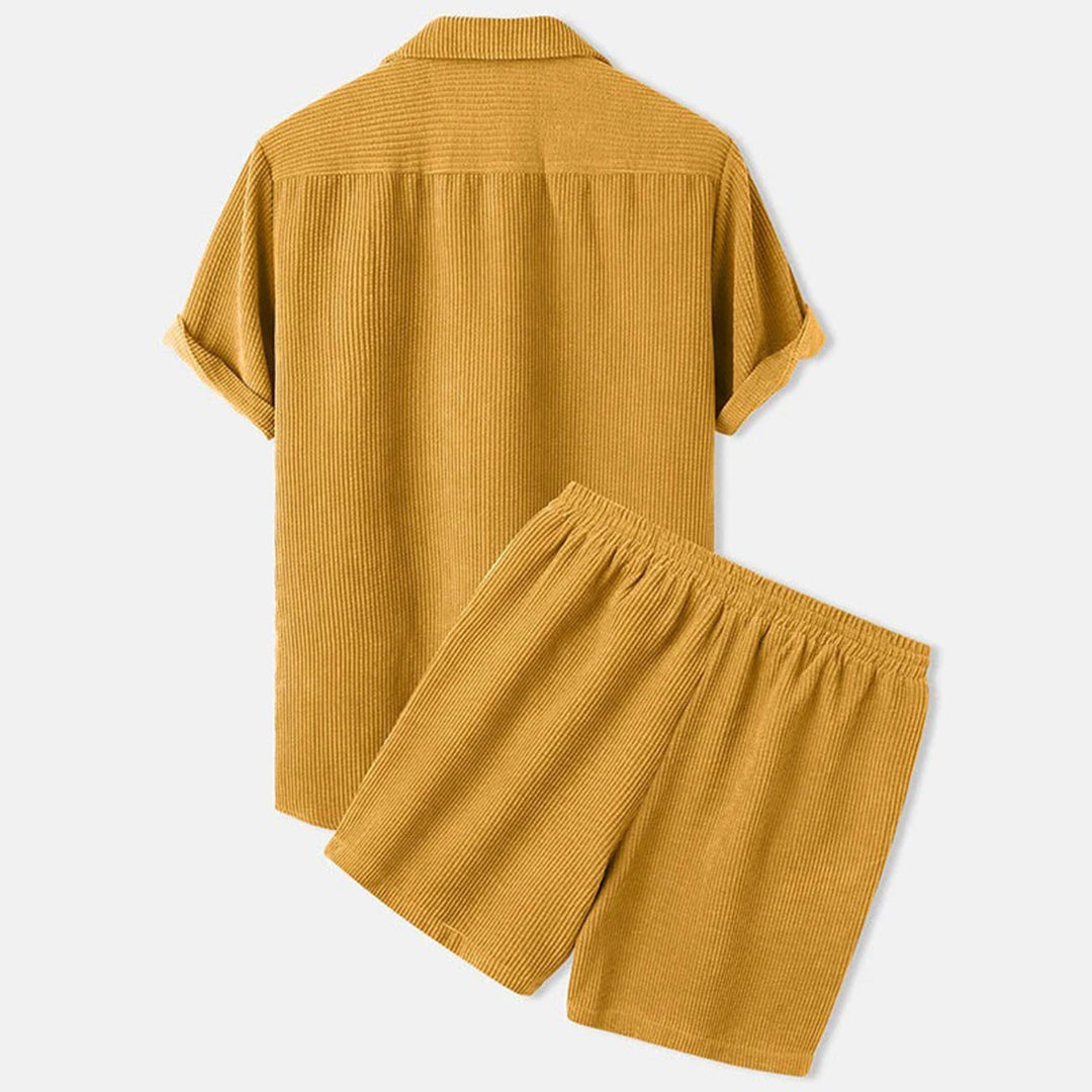 FERRAN | Herren Corduroy Set Für Den Sommer – Bequemes Männer Set Mit Kurzarmhemd Und Shorts 5