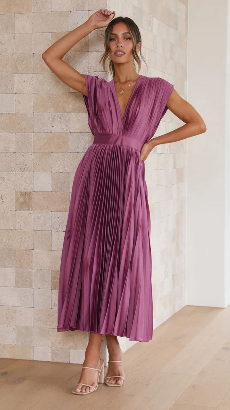 MICHELA Midi-Kleid für Damen – Elegantes Plissé mit V-Hals, Festlich 3