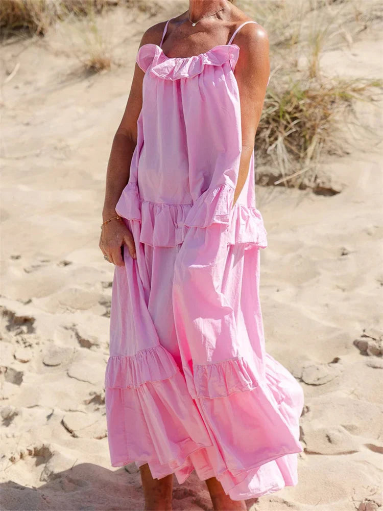 Lise Rose Copenhagen | Luftiges Sommerkleid Damen Mit Rüschen Und Spaghetti-Trägern-5