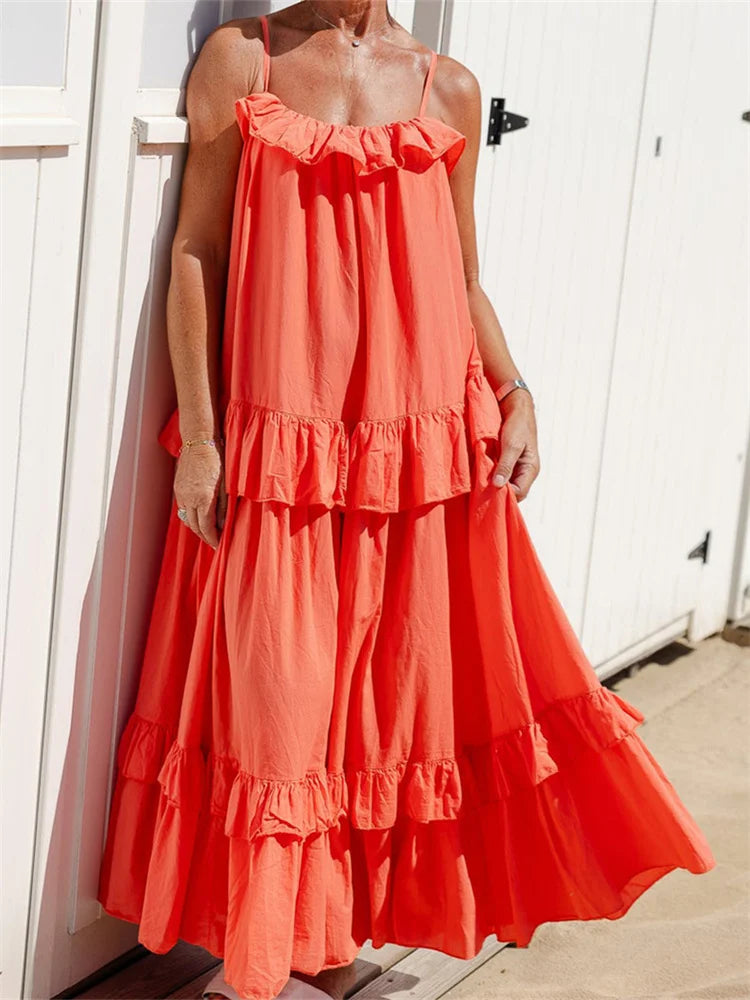Lise Rose Copenhagen | Luftiges Sommerkleid Damen Mit Rüschen Und Spaghetti-Trägern-6