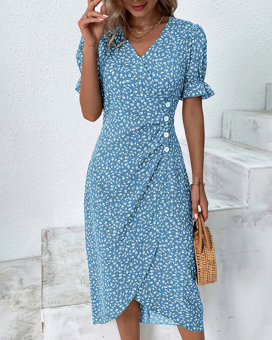 Evie | Blümchenmuster Sommerkleid Damen A-Linie mit V-Ausschnitt und Puffärmeln 2