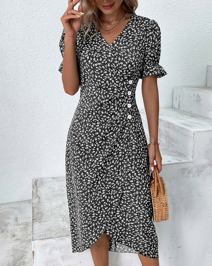 Evie | Blümchenmuster Sommerkleid Damen A-Linie mit V-Ausschnitt und Puffärmeln 3