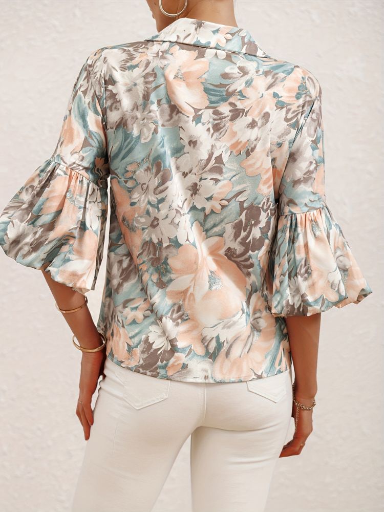 Damen Bluse mit Blumenmuster und Puffärmeln Hause Lune