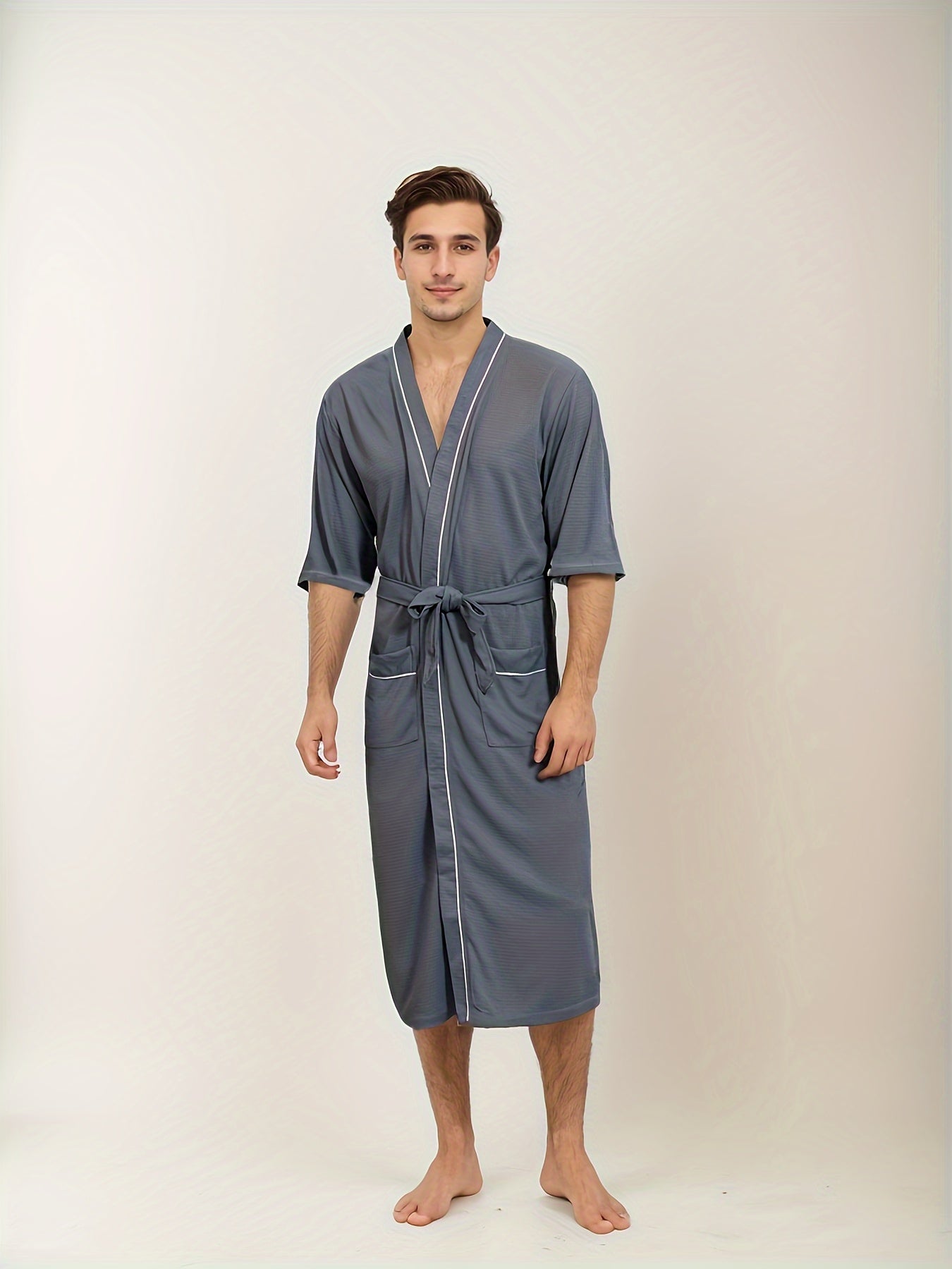 Herren kurzärmeliger Bademantel mit Doppel-Taschen Hause Lune