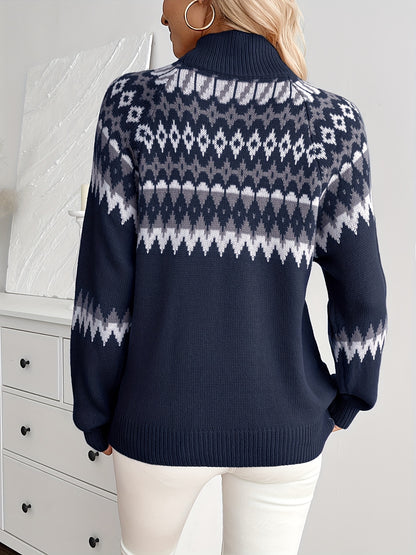 Women's Nordic Winter Sweater - Retro Geometric & Pattern Collar Pullover, Long Sleeve Cozy Sweating Sweater for Fall/Winter, Casual & Formal Wear (Hand Washable, Stand Collar) - Scandinavian Style Sweater Coat Hause Lune