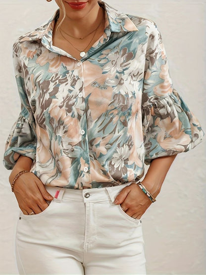 Damen Bluse mit Blumenmuster und Puffärmeln Hause Lune