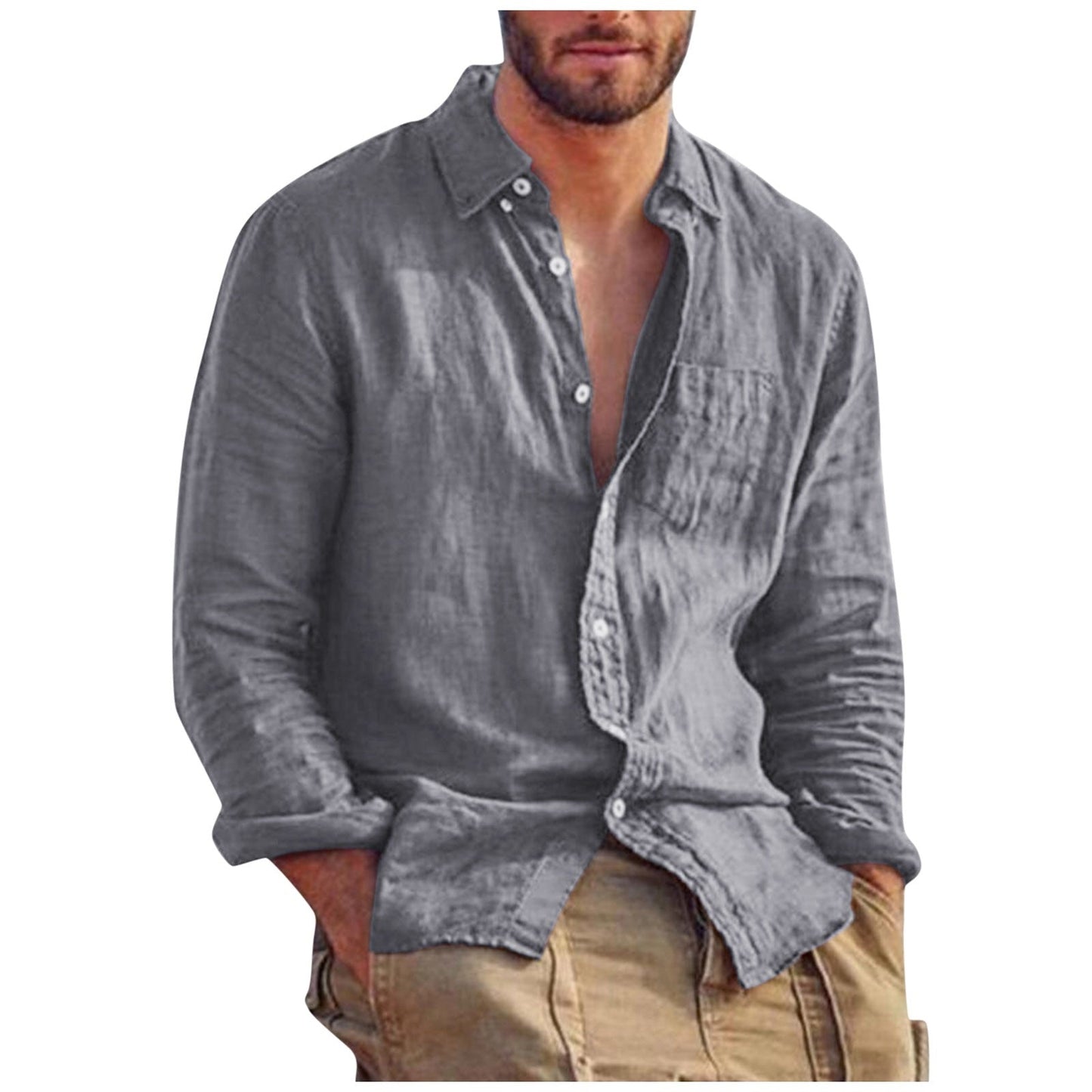 Ronald | Herren Leinenhemd V-Ausschnitt für Sommer, Atmungsaktiv, Langarm, Elegantes Design-3