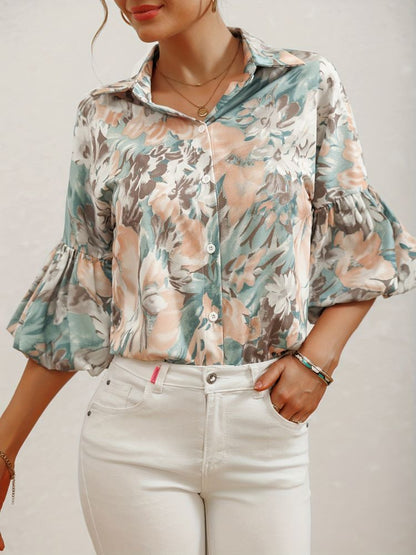 Damen Bluse mit Blumenmuster und Puffärmeln Hause Lune