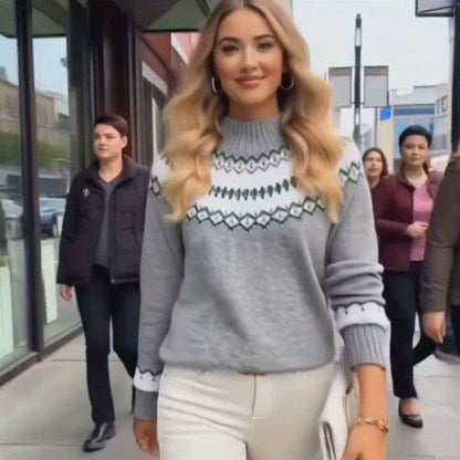 Women's Nordic Winter Sweater - Cable- Stand Collar Sweater Coat Jacket-Like Long Sleeve Pullover, Geometric Color-Blocking Sweater for Fall/Winter, Casual & Formal Wear (Hand Washable, Scandinavian Style) Hause Lune