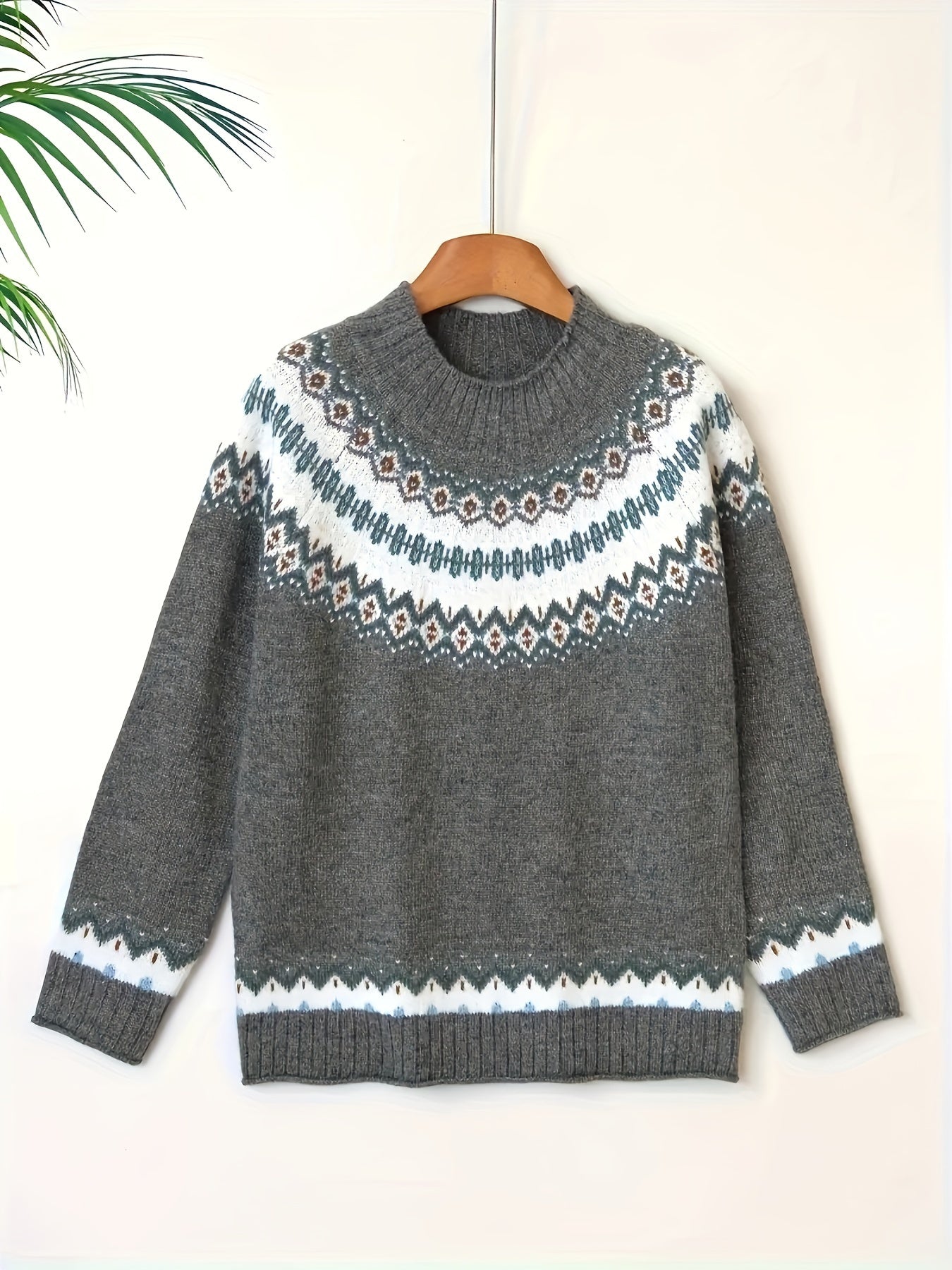 Women's Nordic Winter Sweater - Cable- Stand Collar Sweater Coat Jacket-Like Long Sleeve Pullover, Geometric Color-Blocking Sweater for Fall/Winter, Casual & Formal Wear (Hand Washable, Scandinavian Style) Hause Lune