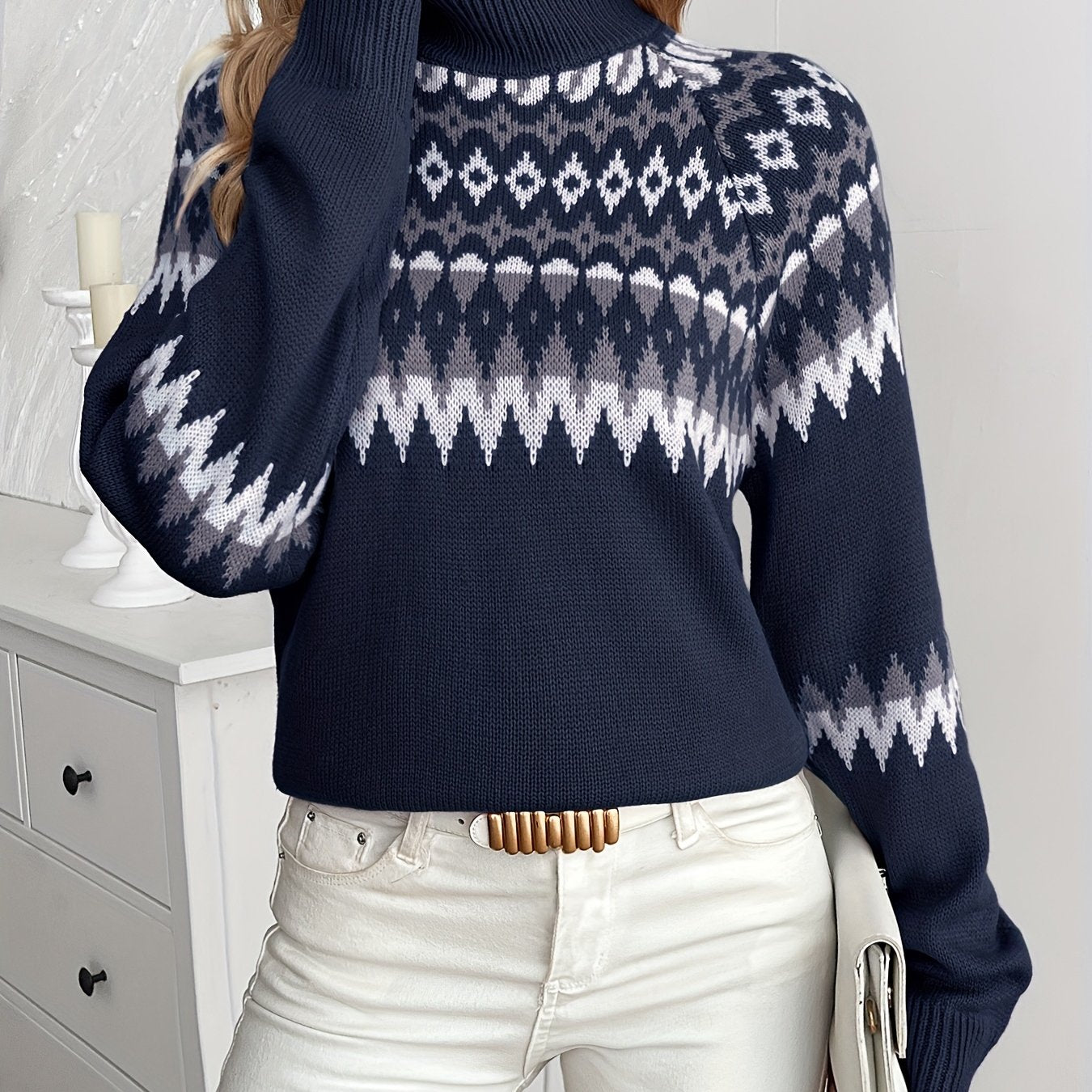 Women's Nordic Winter Sweater - Retro Geometric & Pattern Collar Pullover, Long Sleeve Cozy Sweating Sweater for Fall/Winter, Casual & Formal Wear (Hand Washable, Stand Collar) - Scandinavian Style Sweater Coat Hause Lune