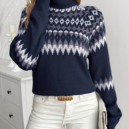 Women's Nordic Winter Sweater - Retro Geometric & Pattern Collar Pullover, Long Sleeve Cozy Sweating Sweater for Fall/Winter, Casual & Formal Wear (Hand Washable, Stand Collar) - Scandinavian Style Sweater Coat Hause Lune