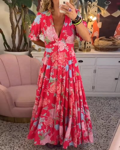 Ellis | V-Ausschnitt Blumenkleid für Damen – Festliches Kleid für Hochzeitsgast und Elegante Anlässe-1