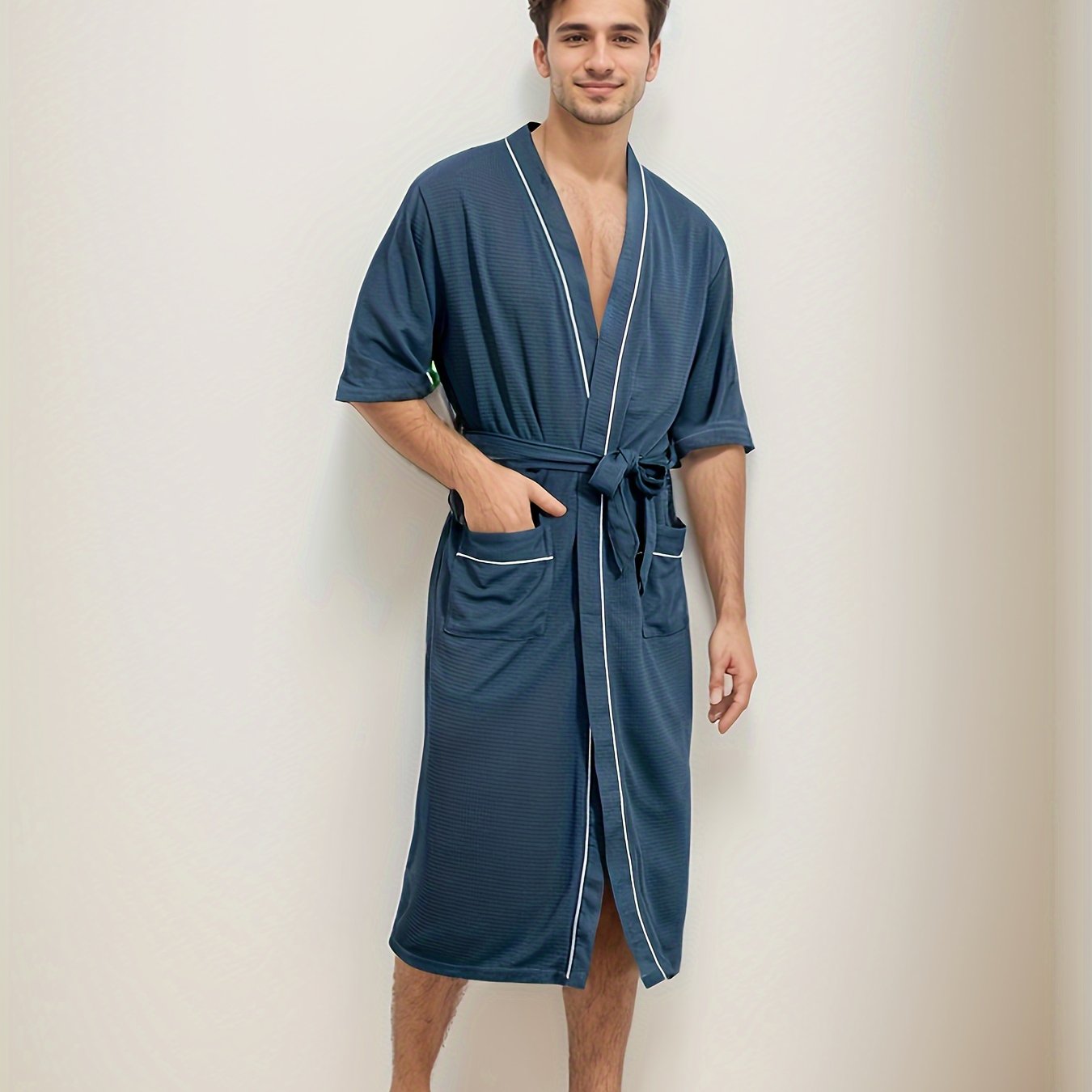 Herren kurzärmeliger Bademantel mit Doppel-Taschen Hause Lune