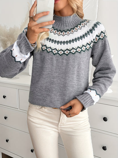 Women's Nordic Winter Sweater - Cable- Stand Collar Sweater Coat Jacket-Like Long Sleeve Pullover, Geometric Color-Blocking Sweater for Fall/Winter, Casual & Formal Wear (Hand Washable, Scandinavian Style) Hause Lune