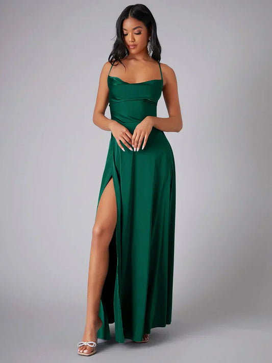 ALVAREE Damen Abendkleid – Satin mit Hohem Schlitz und Offenem Rücken, Maxi-Länge 0