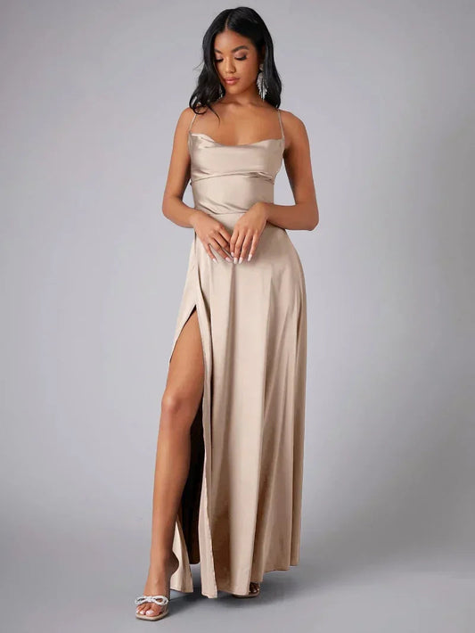 ALVAREE Damen Abendkleid – Satin mit Hohem Schlitz und Offenem Rücken, Maxi-Länge 1