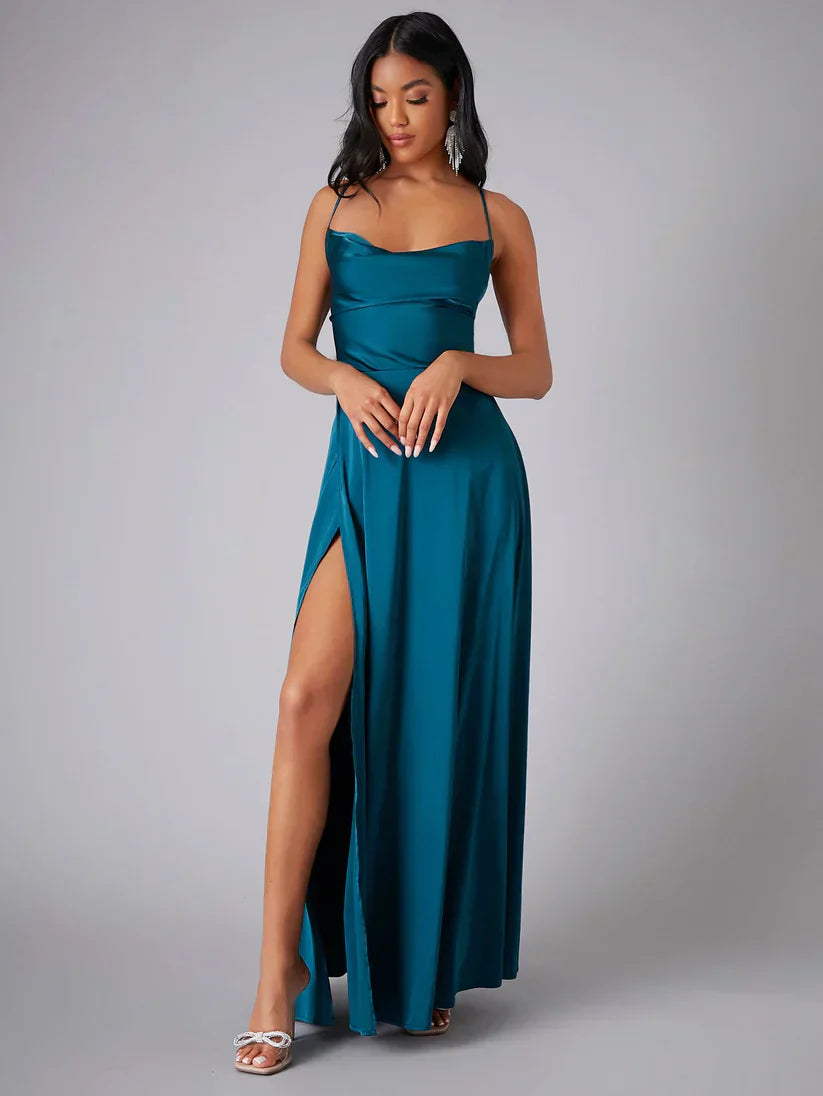 ALVAREE Damen Abendkleid – Satin mit Hohem Schlitz und Offenem Rücken, Maxi-Länge 5