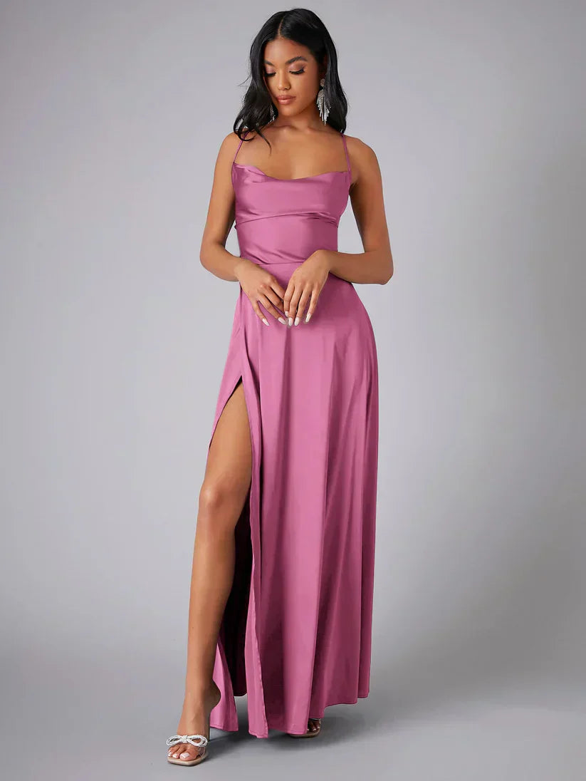 ALVAREE Damen Abendkleid – Satin mit Hohem Schlitz und Offenem Rücken, Maxi-Länge 6