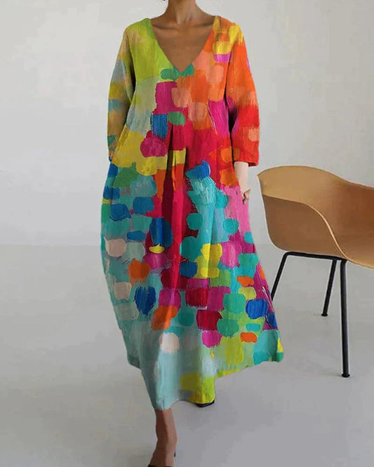 Addison | Bunte bedruckte V-Hals Kleid 0