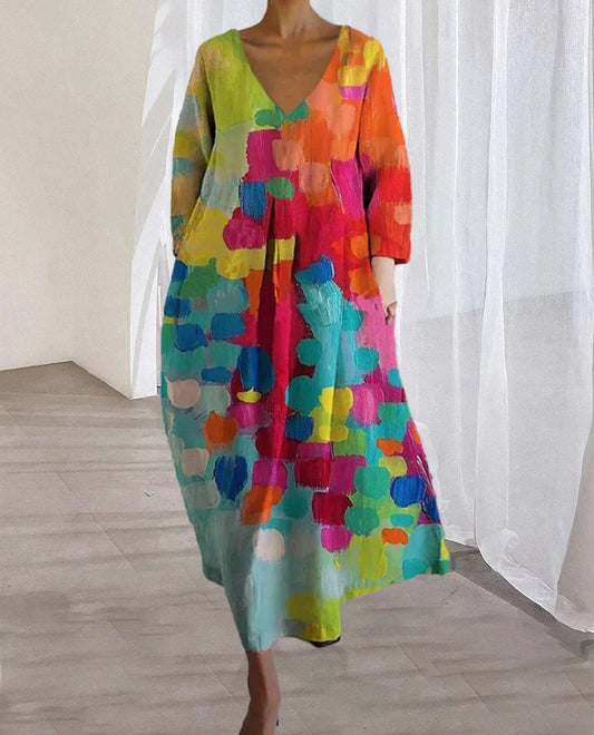 Addison | Bunte bedruckte V-Hals Kleid 1