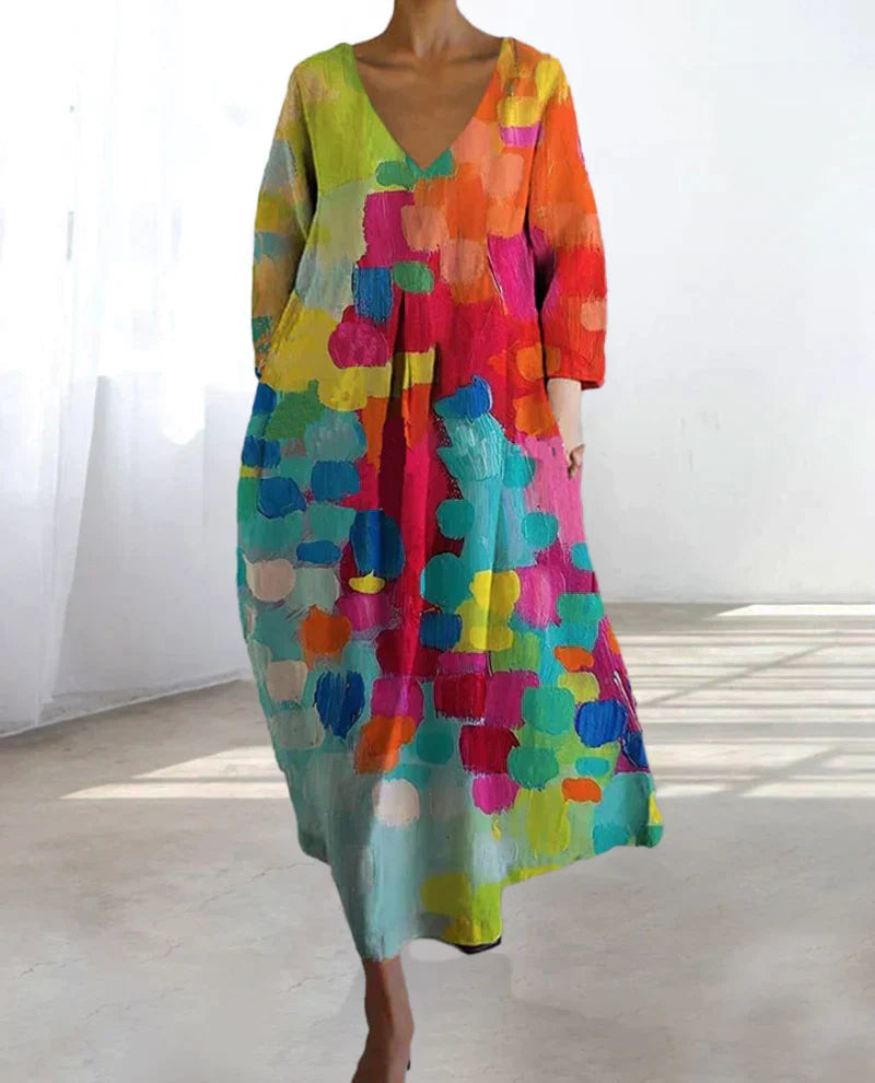 Addison | Bunte bedruckte V-Hals Kleid 2