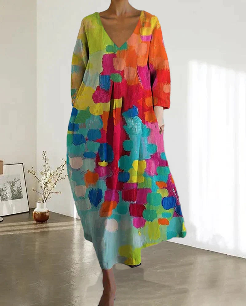 Addison | Bunte bedruckte V-Hals Kleid 3