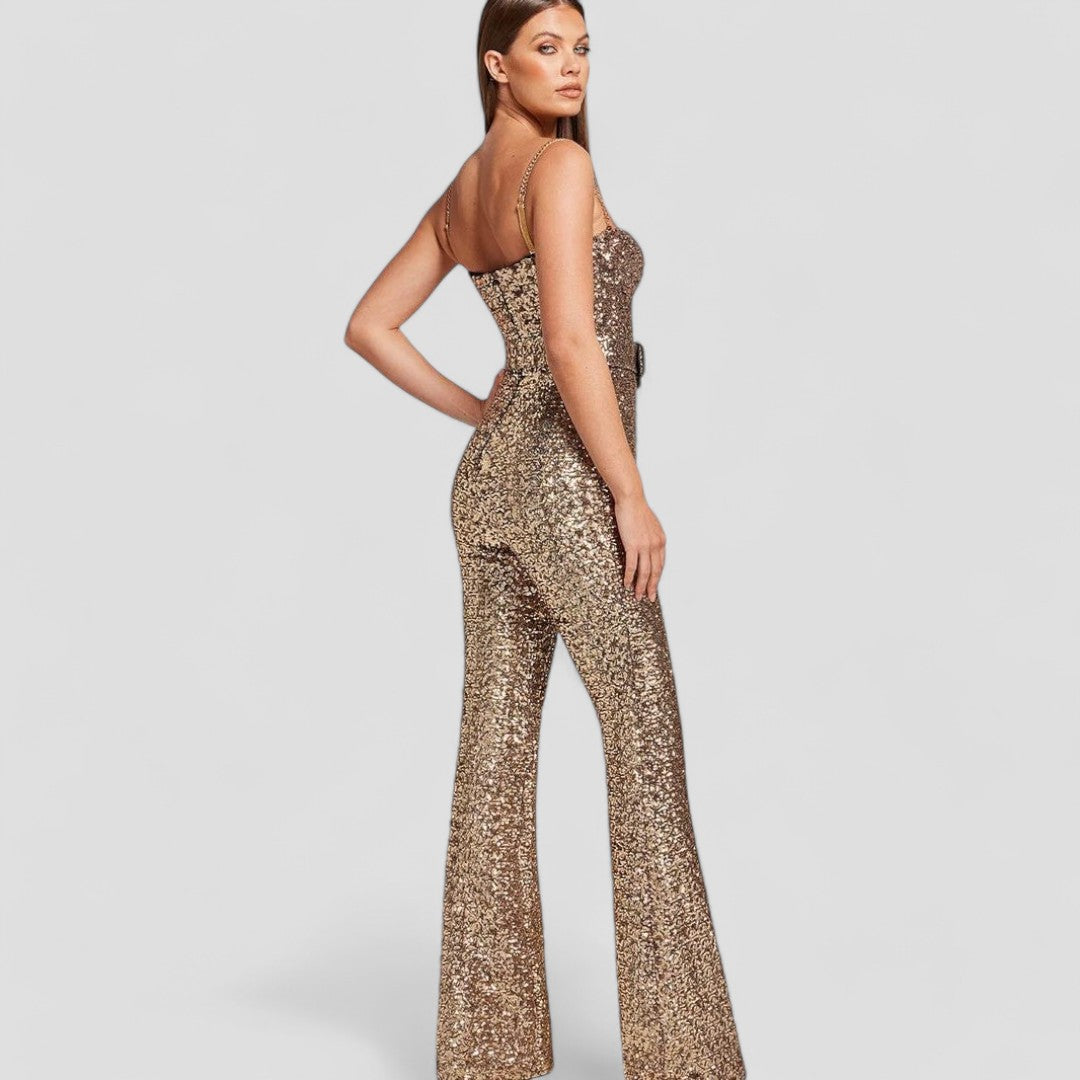 Alba | Funkelnder Abend-Jumpsuit Für Damen Mit Tiefer V-Ausschnitt Und Breiten Hosenbeinen 0