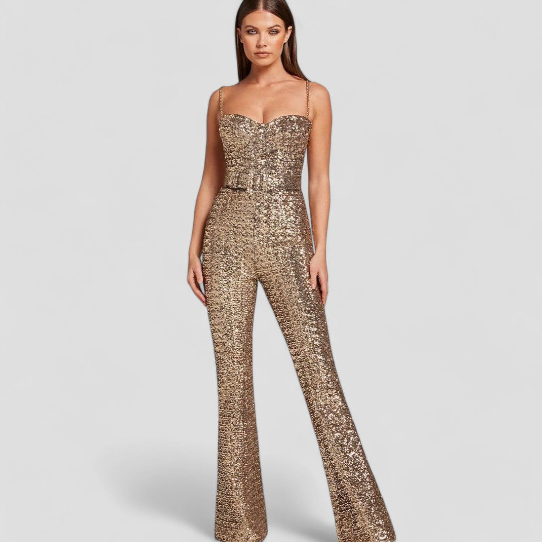 Alba | Funkelnder Abend-Jumpsuit Für Damen Mit Tiefer V-Ausschnitt Und Breiten Hosenbeinen 1
