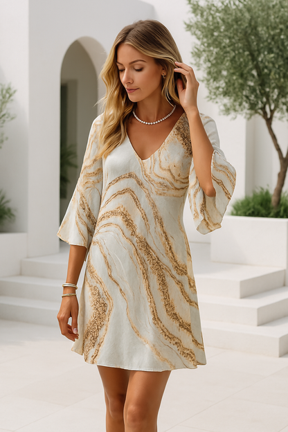 Alba | Klassisches Kurz Damenkleid Mit V-Ausschnitt Und Marmorprint Für Festliche Anlässe 1