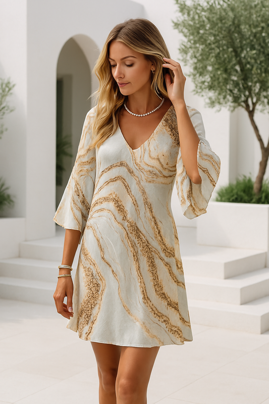 Alba | Klassisches Kurz Damenkleid Mit V-Ausschnitt Und Marmorprint Für Festliche Anlässe 1