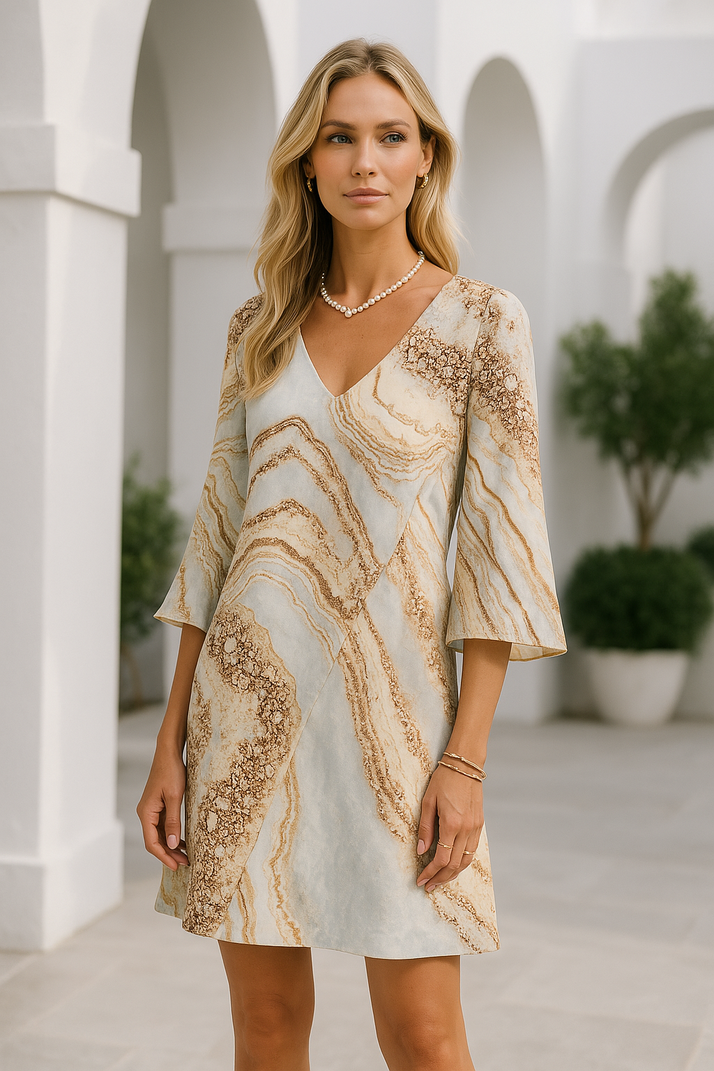 Alba | Klassisches Kurz Damenkleid Mit V-Ausschnitt Und Marmorprint Für Festliche Anlässe 2