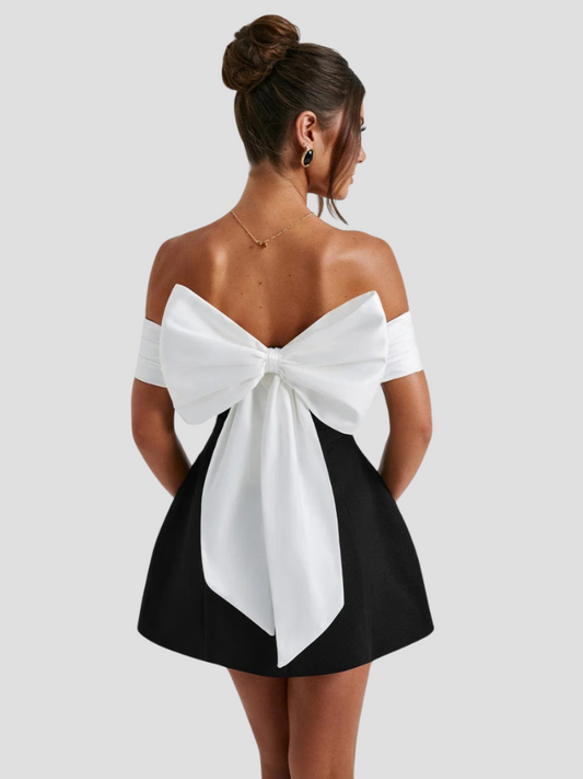 Anouk | Elegantes Damenkleid Für Hochzeitsgäste – Schwarz-Weiße Mini-Bogenkleid 2