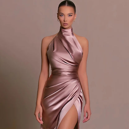 Ariadne | Klassisches Satin Abendkleid Lang mit Halterneck für Elegante Anlässe 2