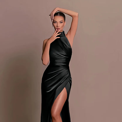 Ariadne | Klassisches Satin Abendkleid Lang mit Halterneck für Elegante Anlässe 3