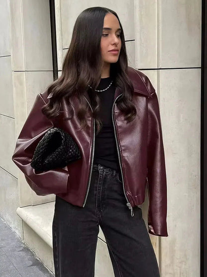 Bordeauxfarbene Damen Lederjacke – Slim Fit aus Kunstleder mit Reißverschluss 0